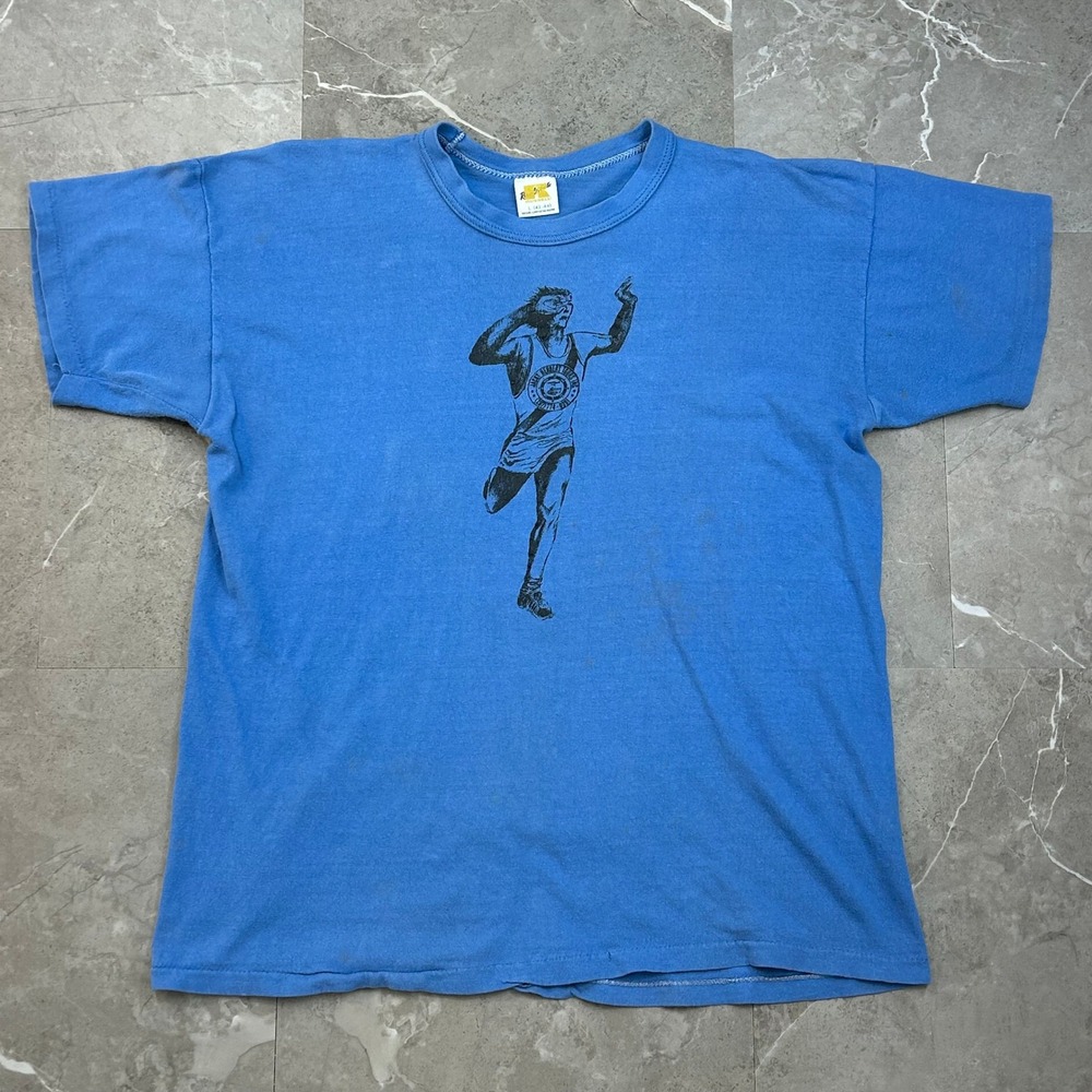 70s Vintage Russell Jacky Herbert Marathon Graphic Tee Mens Large Running Shirt